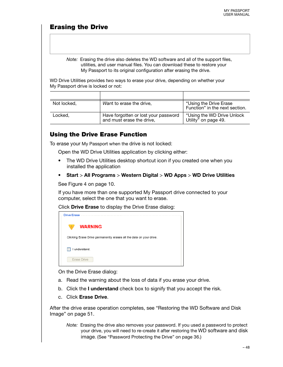 Erasing the drive, Using the drive erase function | Western Digital My Passport User Manual User Manual | Page 53 / 77