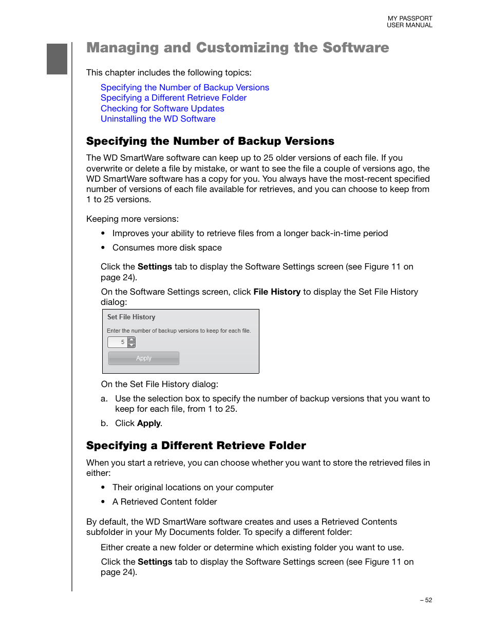 Managing and customizing the software, Specifying the number of backup versions, Specifying a different retrieve folder | Western Digital My Passport User Manual User Manual | Page 57 / 77