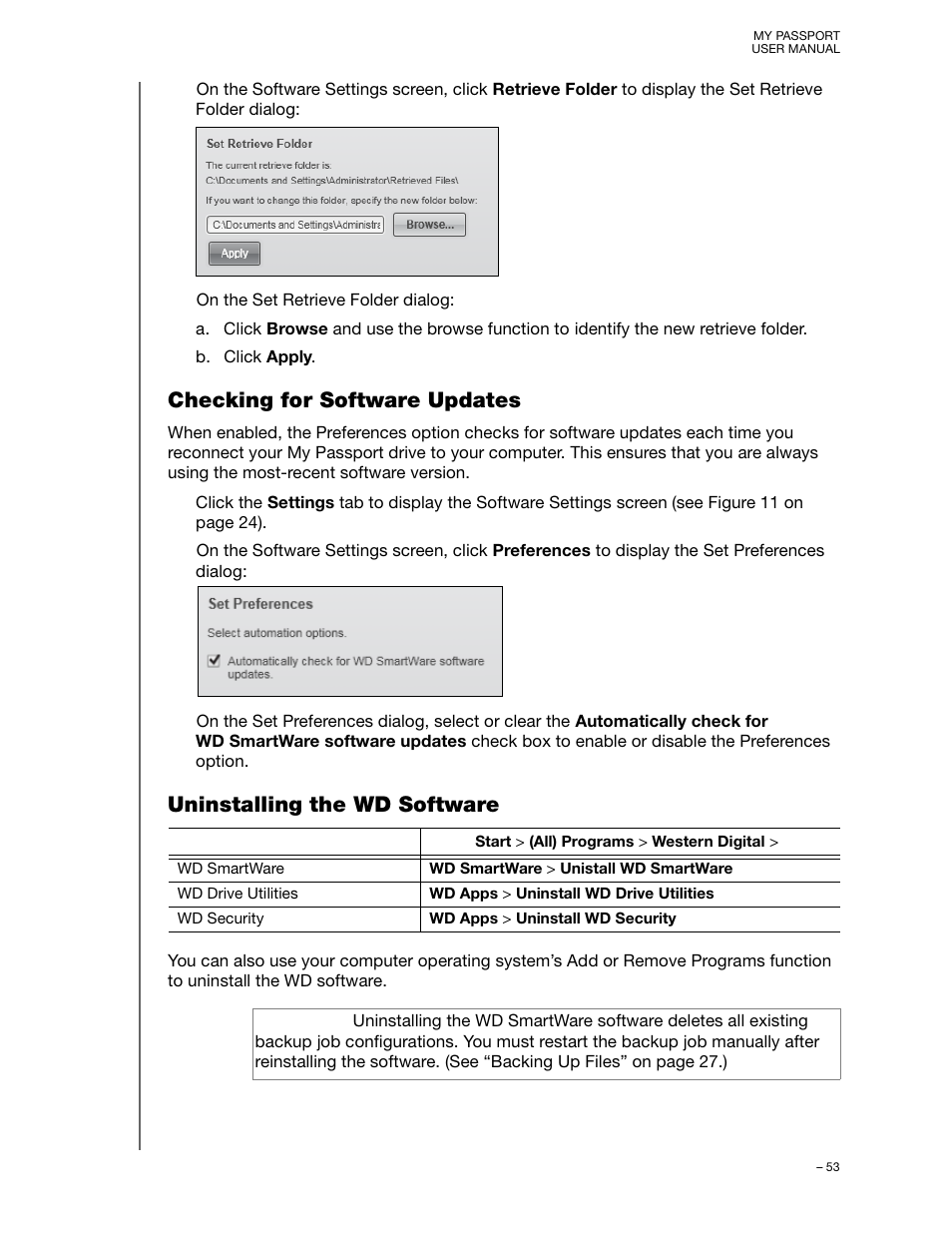 Checking for software updates, Uninstalling the wd software | Western Digital My Passport User Manual User Manual | Page 58 / 77