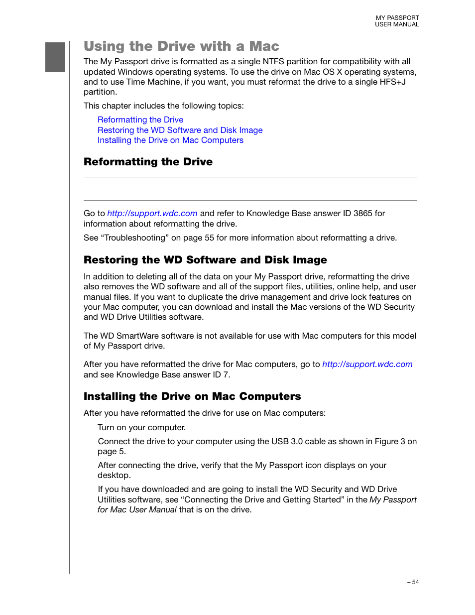 Using the drive with a mac, Reformatting the drive, Restoring the wd software and disk image | Installing the drive on mac computers | Western Digital My Passport User Manual User Manual | Page 59 / 77