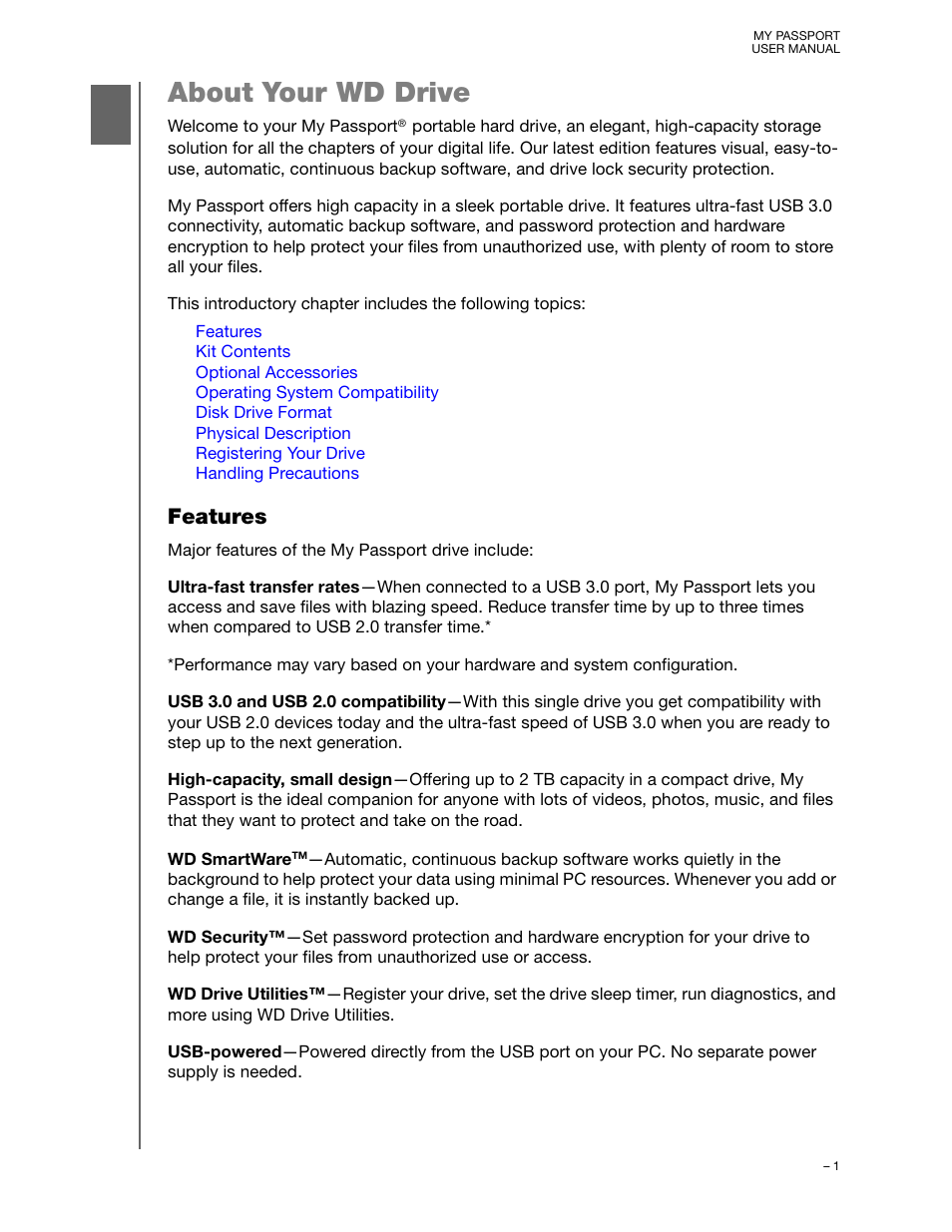 About your wd drive, Features | Western Digital My Passport User Manual User Manual | Page 6 / 77