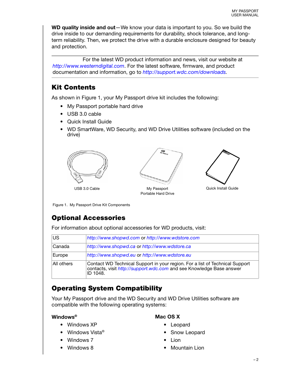 Kit contents, Optional accessories, Operating system compatibility | Western Digital My Passport User Manual User Manual | Page 7 / 77