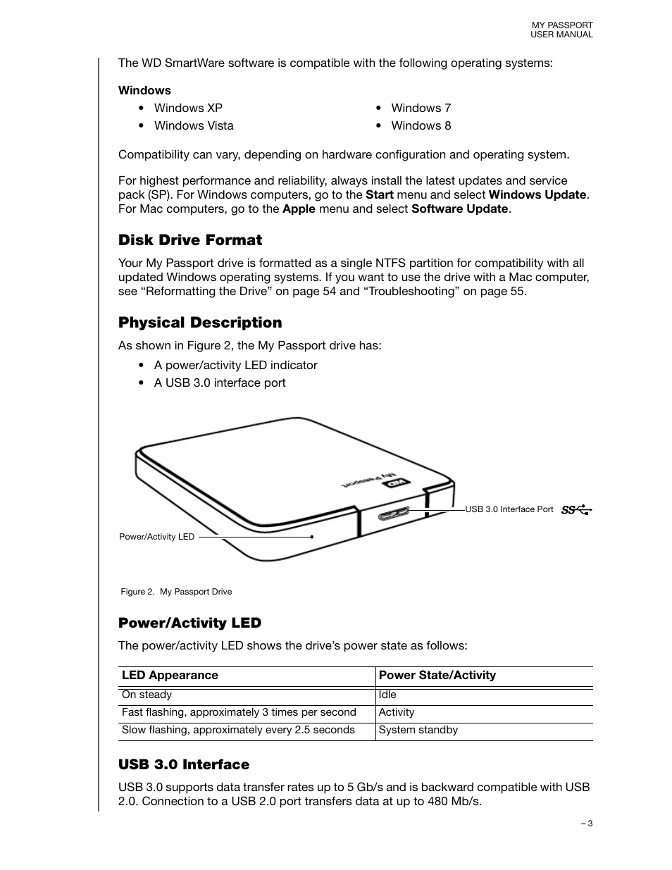 Disk drive format, Physical description, Power/activity led | Usb 3.0 interface, Disk drive format physical description | Western Digital My Passport User Manual User Manual | Page 8 / 77