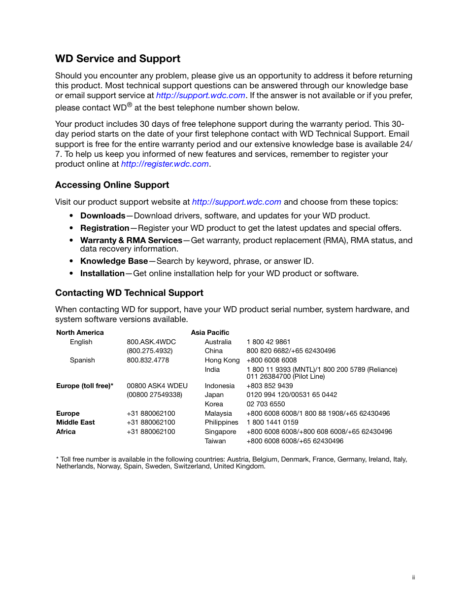 Wd service and support, Accessing online support, Contacting wd technical support | Western Digital My Passport (Unencrypted drives) User Manual User Manual | Page 2 / 66