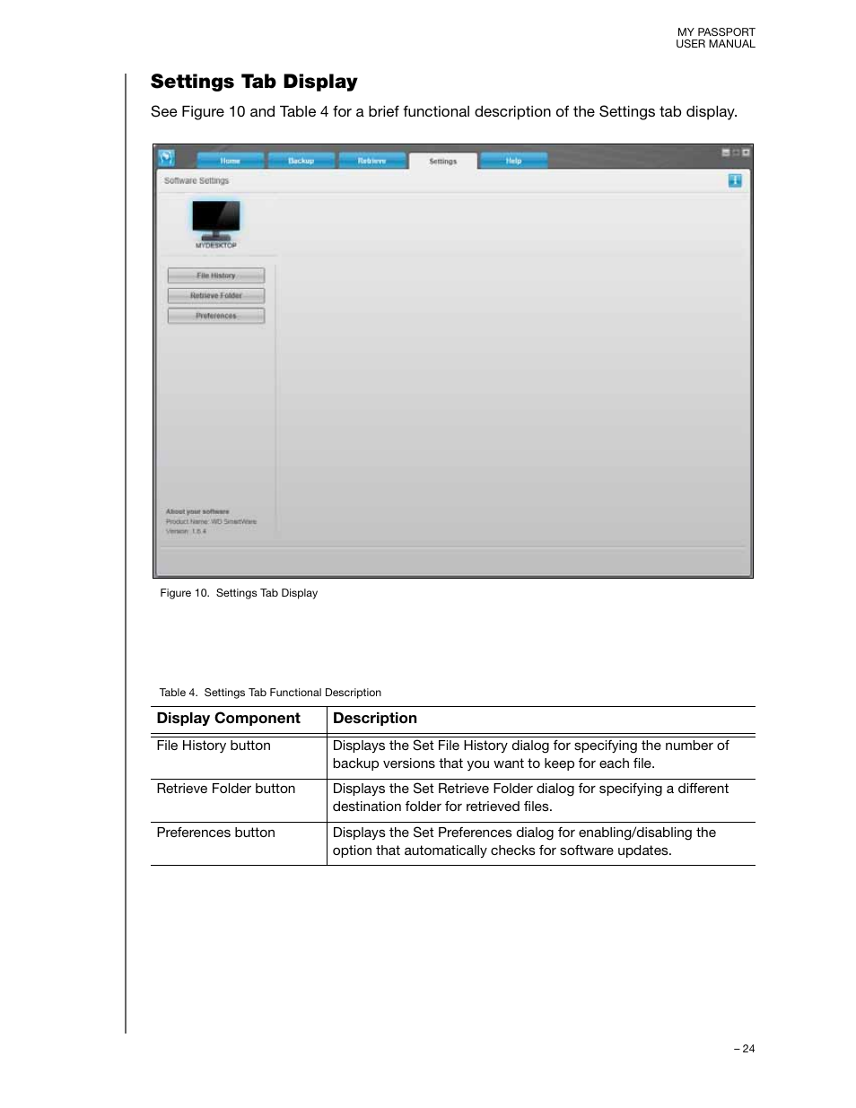 Settings tab display | Western Digital My Passport (Unencrypted drives) User Manual User Manual | Page 28 / 66