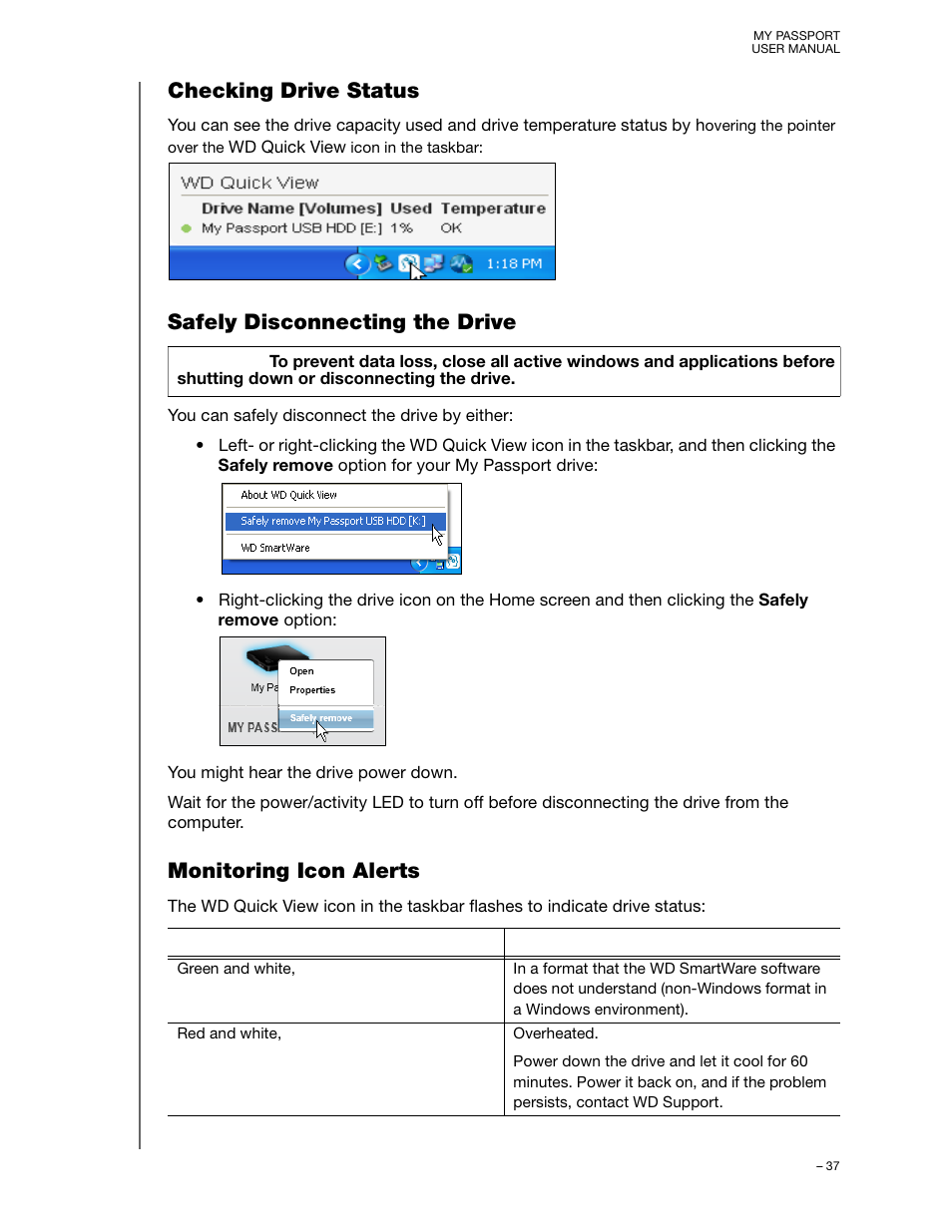 Checking drive status, Safely disconnecting the drive, Monitoring icon alerts | Western Digital My Passport (Unencrypted drives) User Manual User Manual | Page 41 / 66