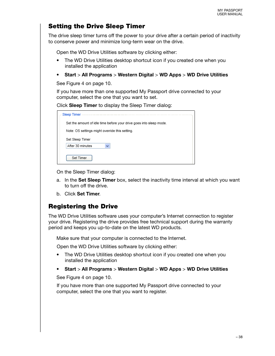 Setting the drive sleep timer, Registering the drive | Western Digital My Passport (Unencrypted drives) User Manual User Manual | Page 42 / 66