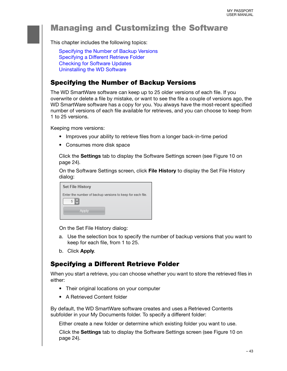 Managing and customizing the software, Specifying the number of backup versions, Specifying a different retrieve folder | Western Digital My Passport (Unencrypted drives) User Manual User Manual | Page 47 / 66