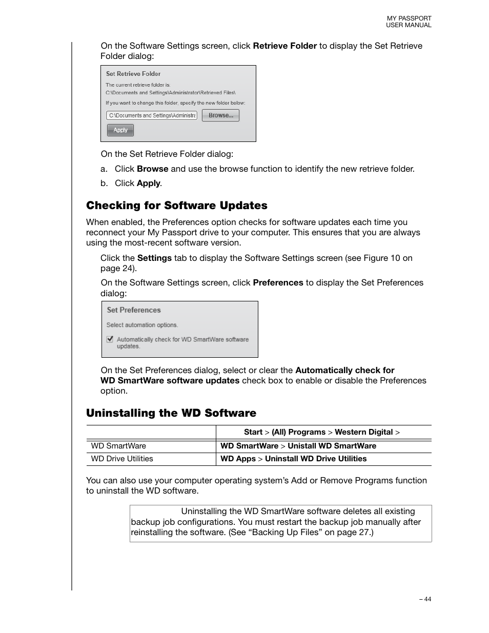 Checking for software updates, Uninstalling the wd software | Western Digital My Passport (Unencrypted drives) User Manual User Manual | Page 48 / 66