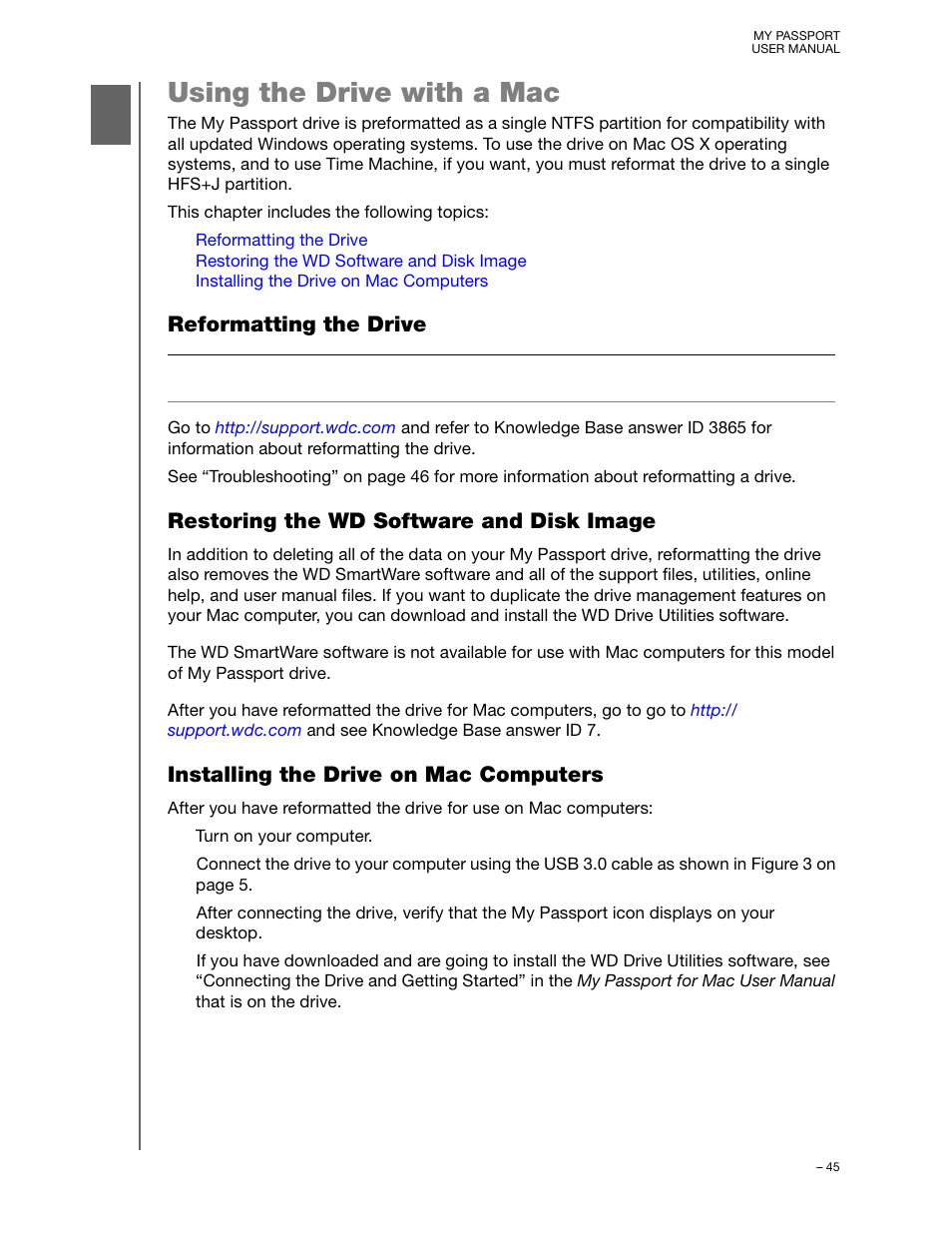 Using the drive with a mac, Reformatting the drive, Restoring the wd software and disk image | Installing the drive on mac computers | Western Digital My Passport (Unencrypted drives) User Manual User Manual | Page 49 / 66