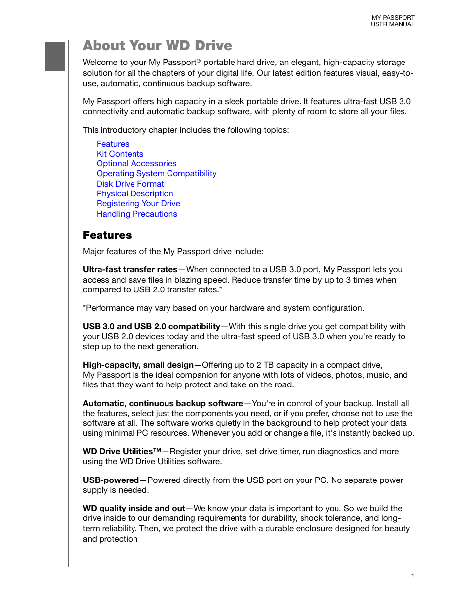 About your wd drive, Features | Western Digital My Passport (Unencrypted drives) User Manual User Manual | Page 5 / 66