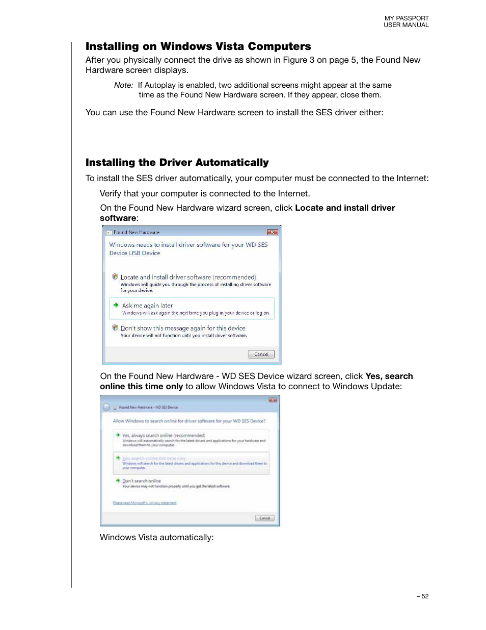 Installing on windows vista computers, Installing the driver automatically | Western Digital My Passport (Unencrypted drives) User Manual User Manual | Page 56 / 66