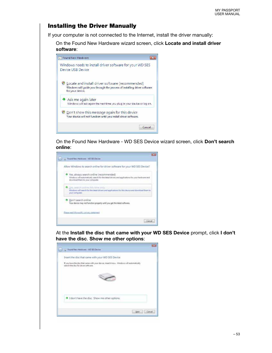 Installing the driver manually | Western Digital My Passport (Unencrypted drives) User Manual User Manual | Page 57 / 66