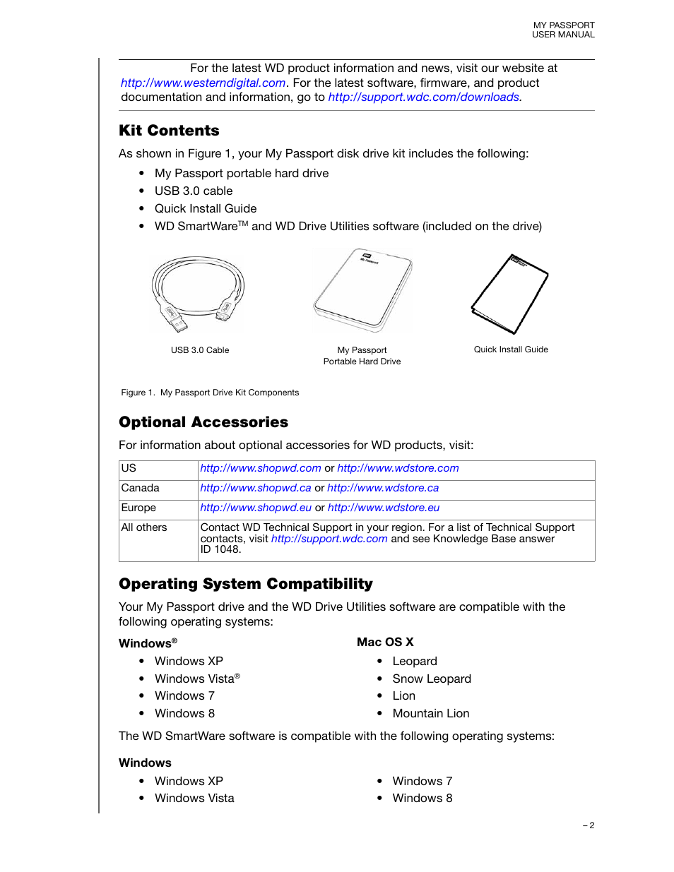 Kit contents, Optional accessories, Operating system compatibility | Western Digital My Passport (Unencrypted drives) User Manual User Manual | Page 6 / 66