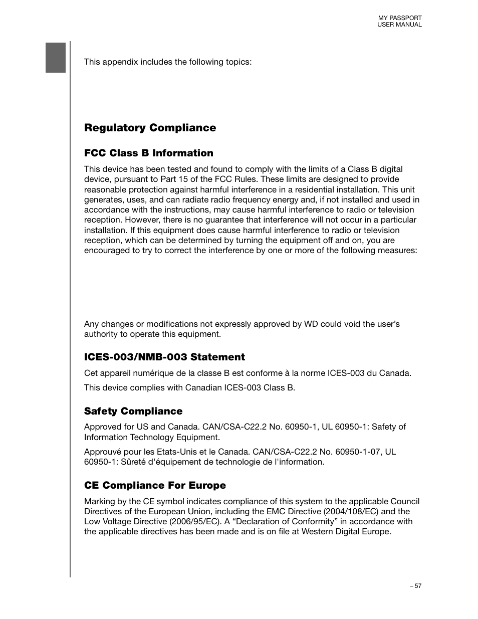 Compliance and warranty information, Regulatory compliance, Fcc class b information | Ices-003/nmb-003 statement, Safety compliance, Ce compliance for europe | Western Digital My Passport (Unencrypted drives) User Manual User Manual | Page 61 / 66