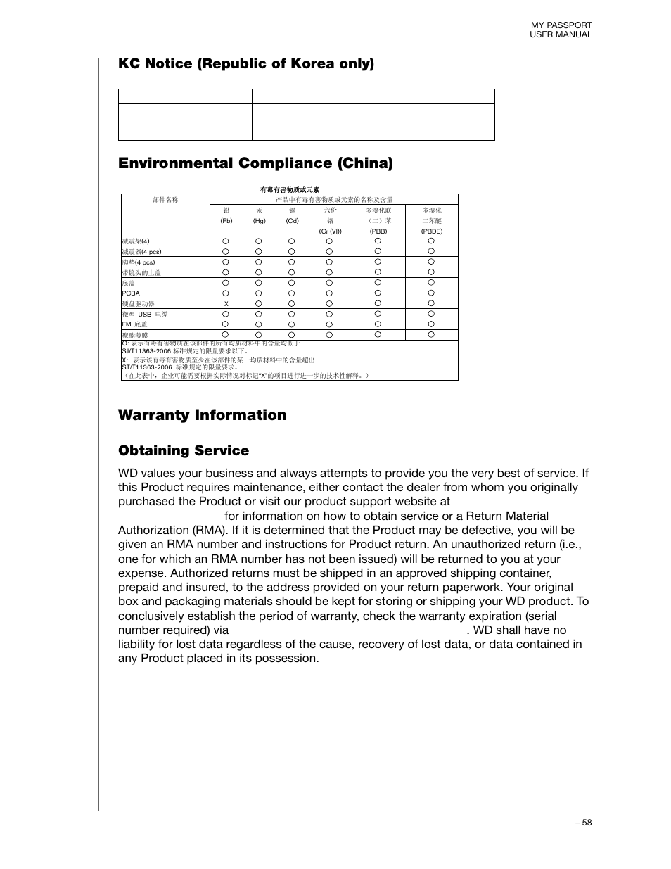 Kc notice (republic of korea only), Environmental compliance (china), Warranty information | Obtaining service | Western Digital My Passport (Unencrypted drives) User Manual User Manual | Page 62 / 66