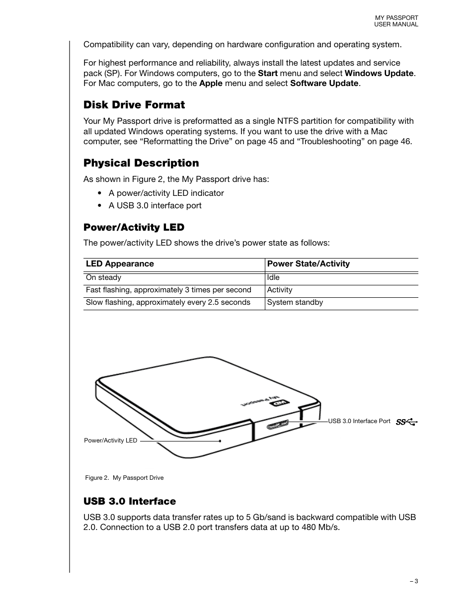 Disk drive format, Physical description, Power/activity led | Usb 3.0 interface, Disk drive format physical description | Western Digital My Passport (Unencrypted drives) User Manual User Manual | Page 7 / 66