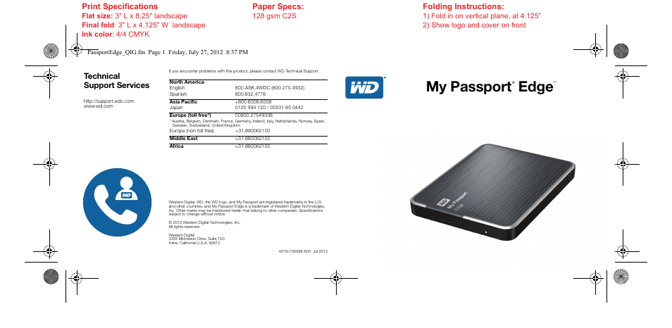 My passport, Edge, Technical support services | Print specifications, Paper specs, Folding instructions | Western Digital My Passport Edge Quick Install Guide User Manual | Page 5 / 5