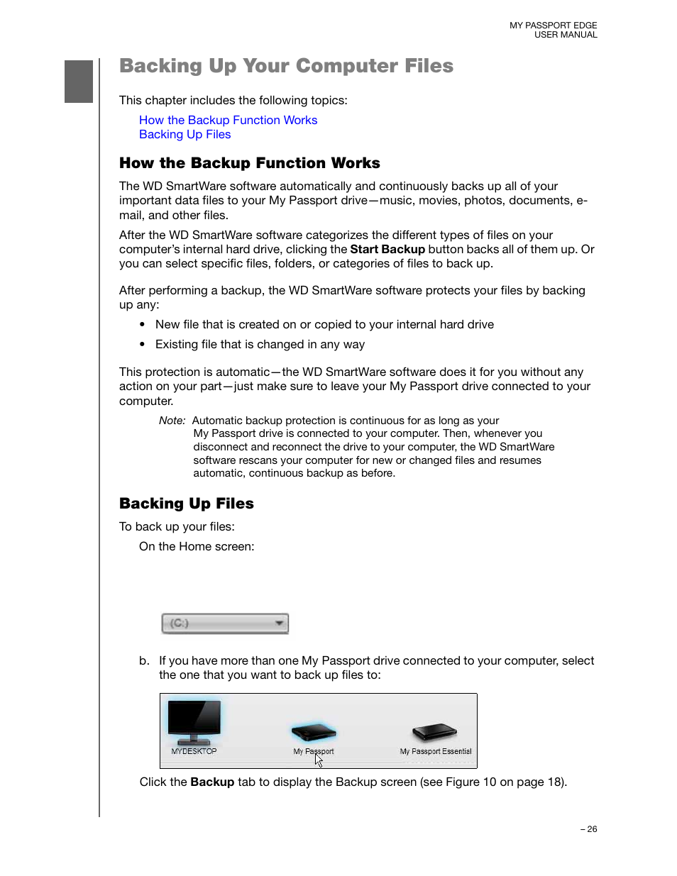 Backing up your computer files, How the backup function works, Backing up files | Western Digital My Passport Edge User Manual User Manual | Page 31 / 77