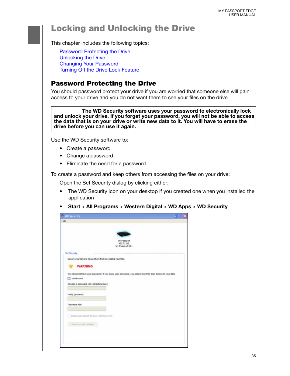 Locking and unlocking the drive, Password protecting the drive | Western Digital My Passport Edge User Manual User Manual | Page 40 / 77