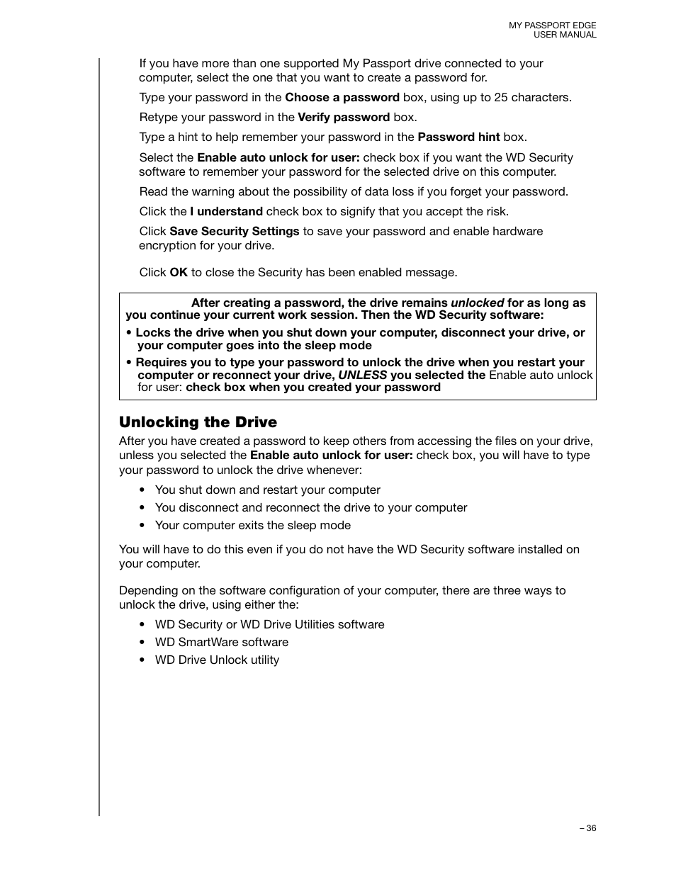 Unlocking the drive | Western Digital My Passport Edge User Manual User Manual | Page 41 / 77