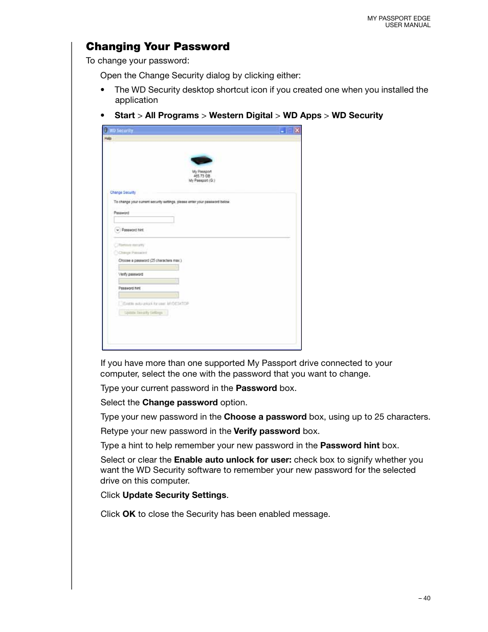 Changing your password | Western Digital My Passport Edge User Manual User Manual | Page 45 / 77