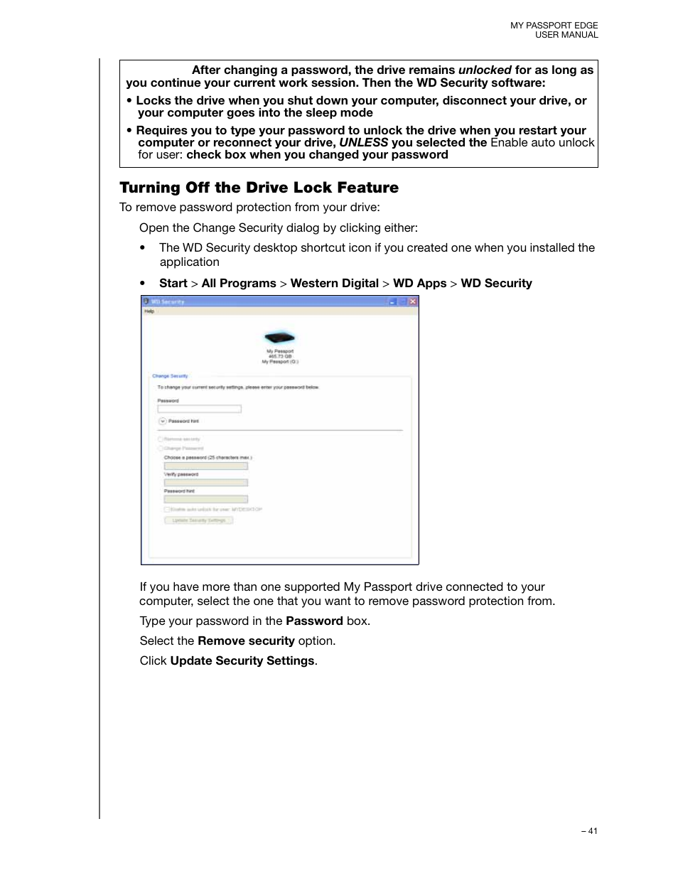 Turning off the drive lock feature | Western Digital My Passport Edge User Manual User Manual | Page 46 / 77