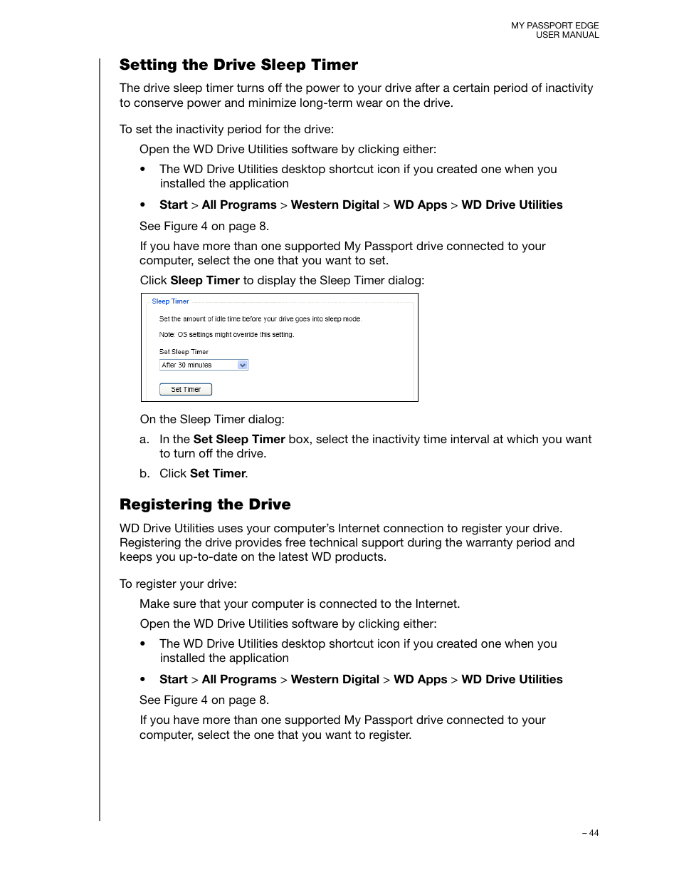 Setting the drive sleep timer, Registering the drive | Western Digital My Passport Edge User Manual User Manual | Page 49 / 77