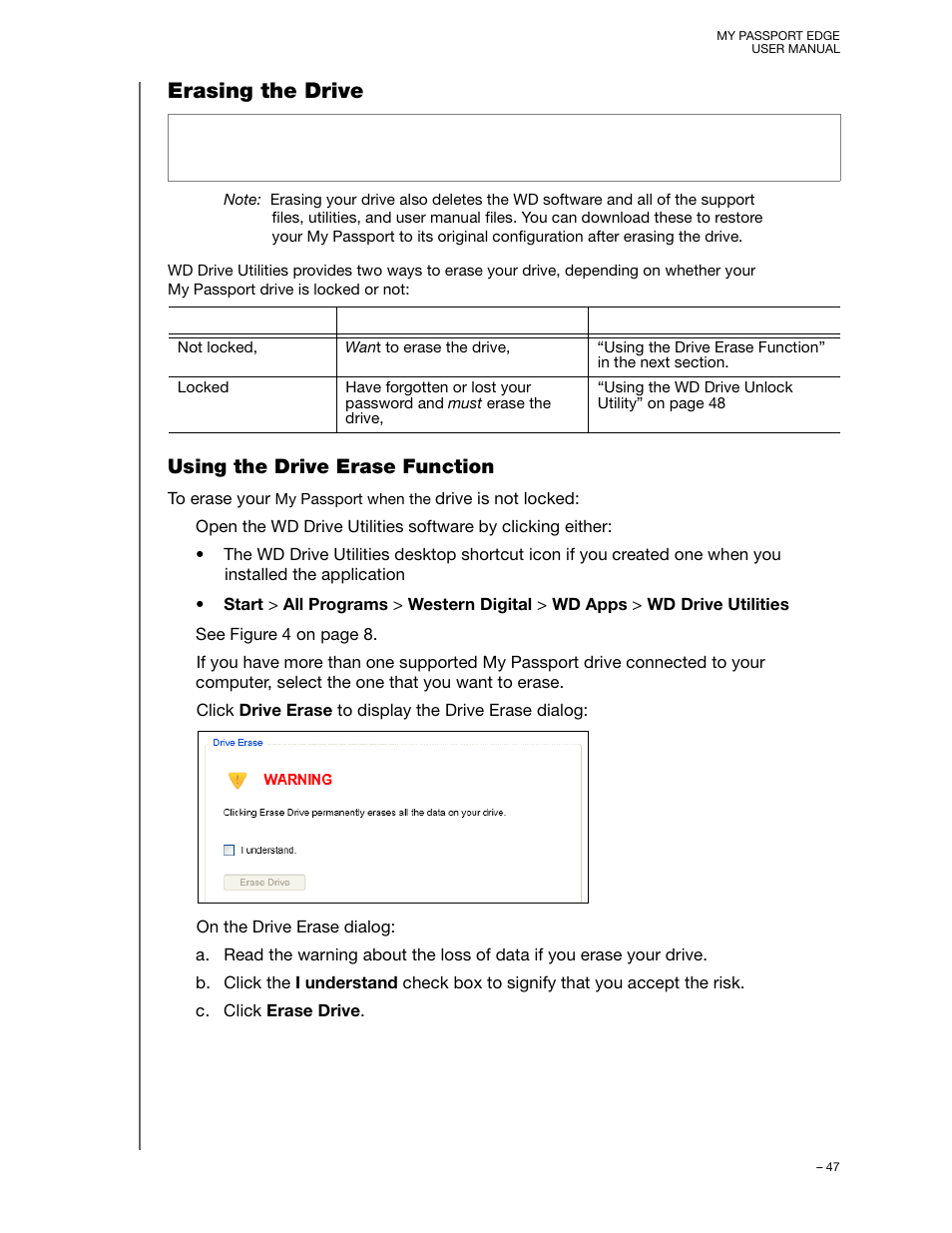 Erasing the drive, Using the drive erase function | Western Digital My Passport Edge User Manual User Manual | Page 52 / 77