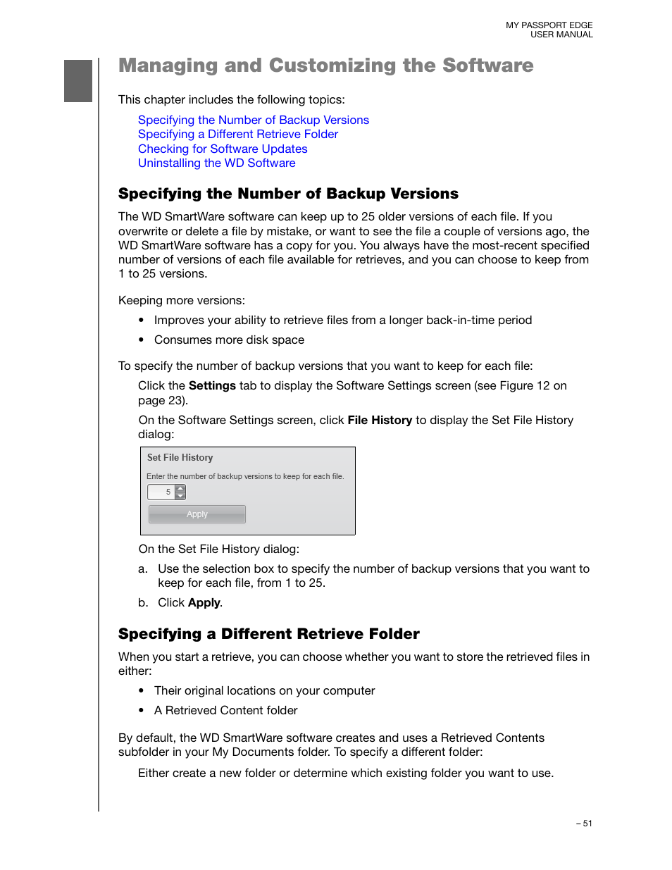 Managing and customizing the software, Specifying the number of backup versions, Specifying a different retrieve folder | Western Digital My Passport Edge User Manual User Manual | Page 56 / 77