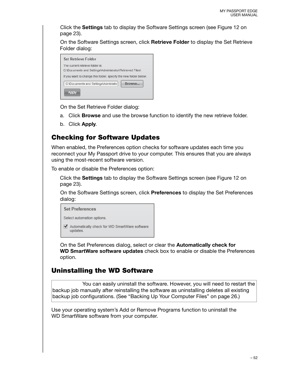 Checking for software updates, Uninstalling the wd software | Western Digital My Passport Edge User Manual User Manual | Page 57 / 77
