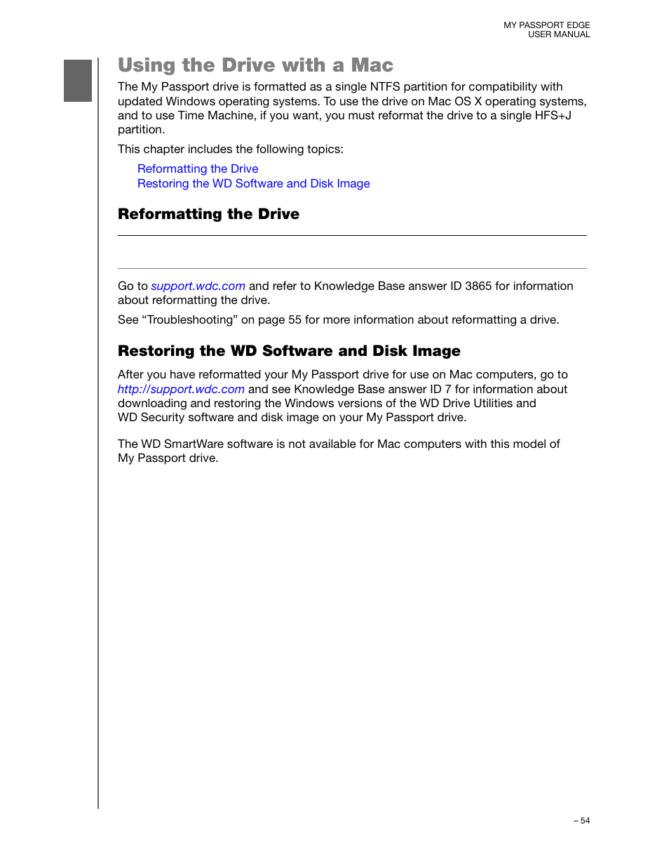 Using the drive with a mac, Reformatting the drive, Restoring the wd software and disk image | Western Digital My Passport Edge User Manual User Manual | Page 59 / 77