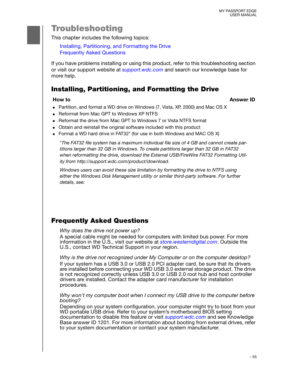 Troubleshooting, Installing, partitioning, and formatting the drive, Frequently asked questions | Western Digital My Passport Edge User Manual User Manual | Page 60 / 77
