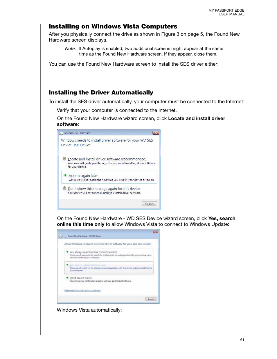 Installing on windows vista computers, Installing the driver automatically | Western Digital My Passport Edge User Manual User Manual | Page 66 / 77