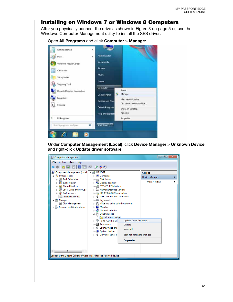 Installing on windows 7 or windows 8 computers, Installing on windows 7 or windows 8 | Western Digital My Passport Edge User Manual User Manual | Page 69 / 77