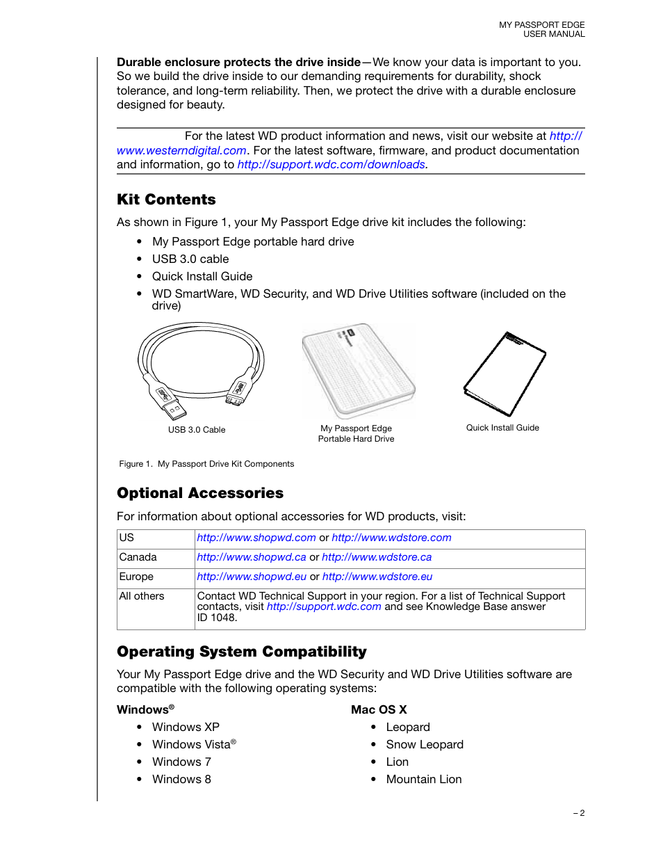 Kit contents, Optional accessories, Operating system compatibility | Western Digital My Passport Edge User Manual User Manual | Page 7 / 77