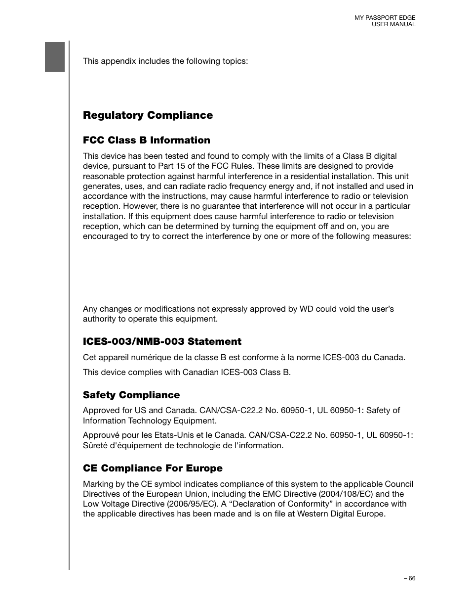 Compliance and warranty information, Regulatory compliance, Fcc class b information | Ices-003/nmb-003 statement, Safety compliance, Ce compliance for europe | Western Digital My Passport Edge User Manual User Manual | Page 71 / 77