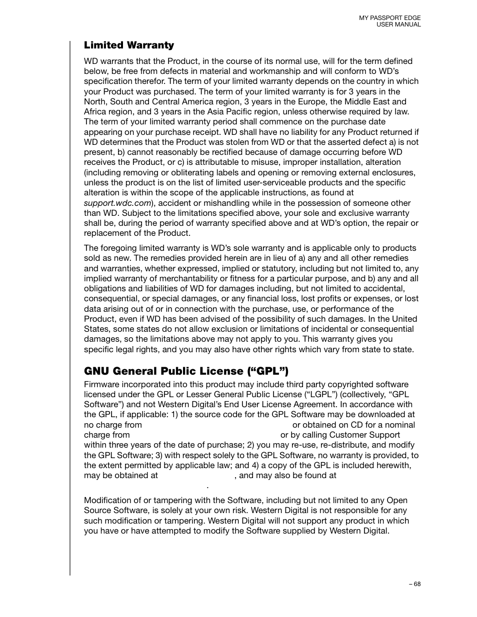 Limited warranty, Gnu general public license (“gpl”) | Western Digital My Passport Edge User Manual User Manual | Page 73 / 77