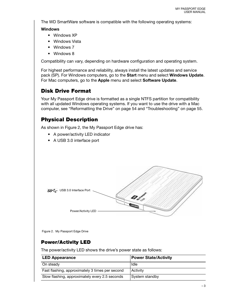 Disk drive format, Physical description, Power/activity led | Disk drive format physical description | Western Digital My Passport Edge User Manual User Manual | Page 8 / 77