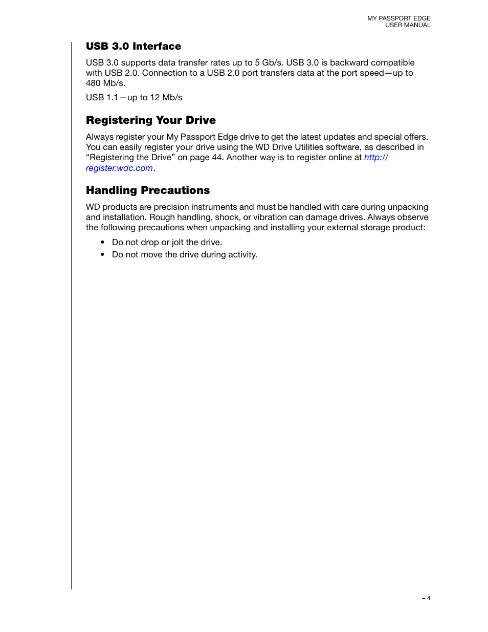 Usb 3.0 interface, Registering your drive, Handling precautions | Registering your drive handling precautions | Western Digital My Passport Edge User Manual User Manual | Page 9 / 77