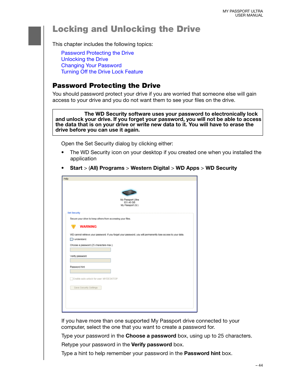 Locking and unlocking the drive, Password protecting the drive | Western Digital My Passport Ultra User Manual User Manual | Page 49 / 87