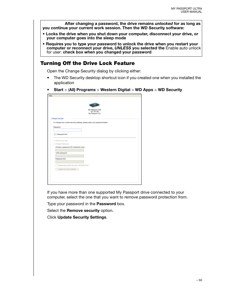 Turning off the drive lock feature | Western Digital My Passport Ultra User Manual User Manual | Page 55 / 87