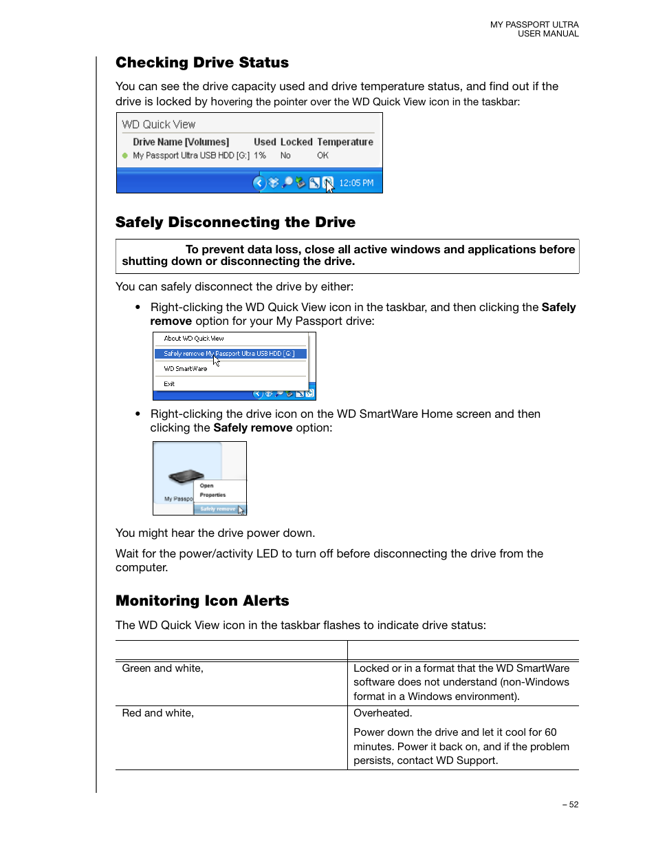 Checking drive status, Safely disconnecting the drive, Monitoring icon alerts | Western Digital My Passport Ultra User Manual User Manual | Page 57 / 87