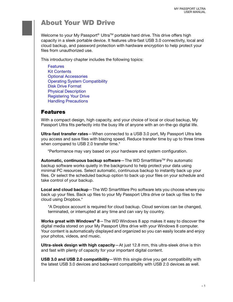 About your wd drive, Features | Western Digital My Passport Ultra User Manual User Manual | Page 6 / 87