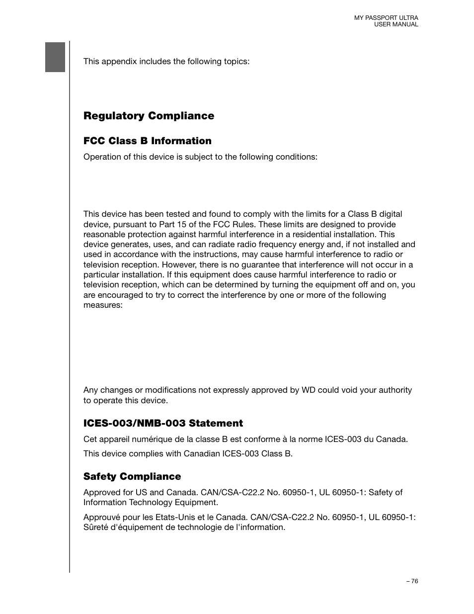 Compliance and warranty information, Regulatory compliance, Fcc class b information | Ices-003/nmb-003 statement, Safety compliance | Western Digital My Passport Ultra User Manual User Manual | Page 81 / 87