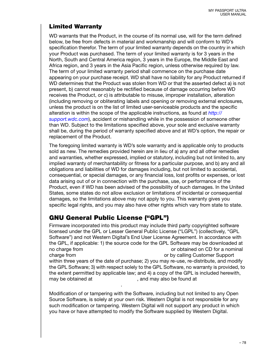 Limited warranty, Gnu general public license (“gpl”) | Western Digital My Passport Ultra User Manual User Manual | Page 83 / 87