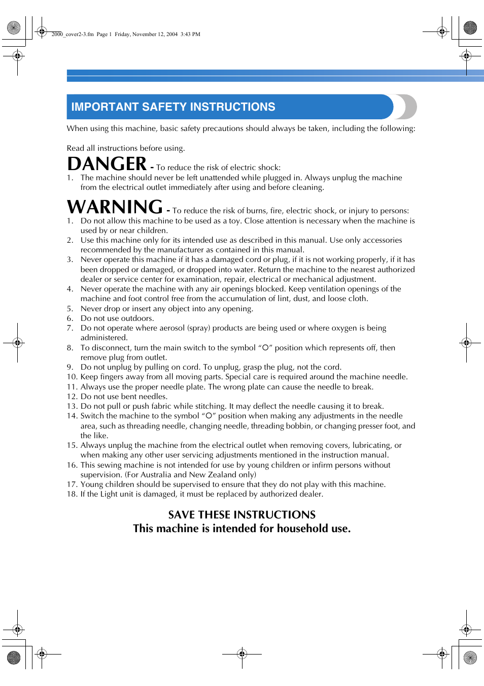 Danger, Warning, Important safety instructions | Brother CS-770 User Manual | Page 2 / 68