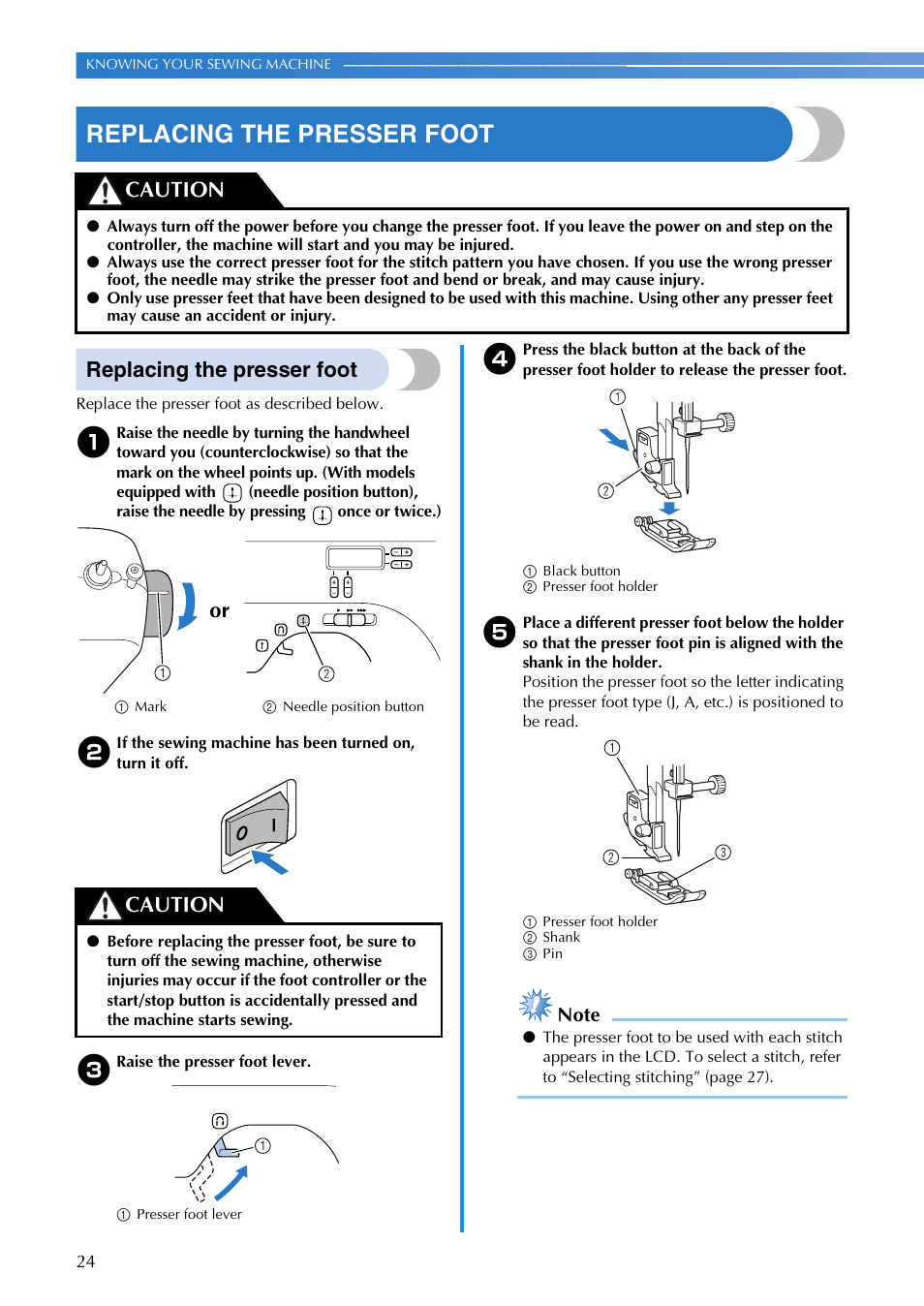 Replacing the presser foot, Caution, Or caution | Brother CS-770 User Manual | Page 26 / 68