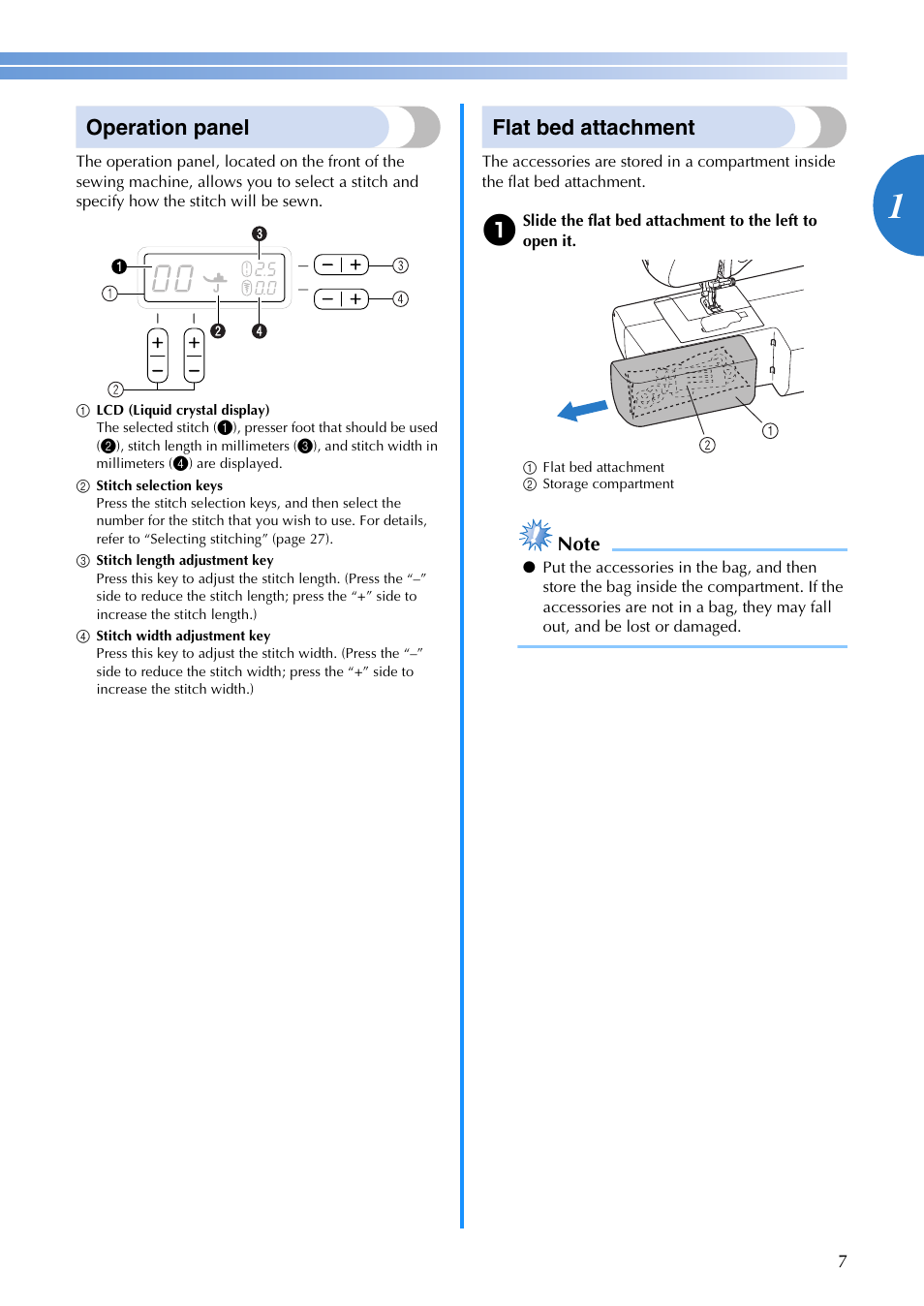 Operation panel, Flat bed attachment | Brother CS-770 User Manual | Page 9 / 68