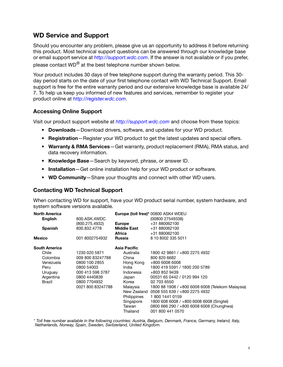 Wd service and support, Accessing online support, Contacting wd technical support | Western Digital My Passport Ultra (Unencrypted drives) User Manual User Manual | Page 2 / 76